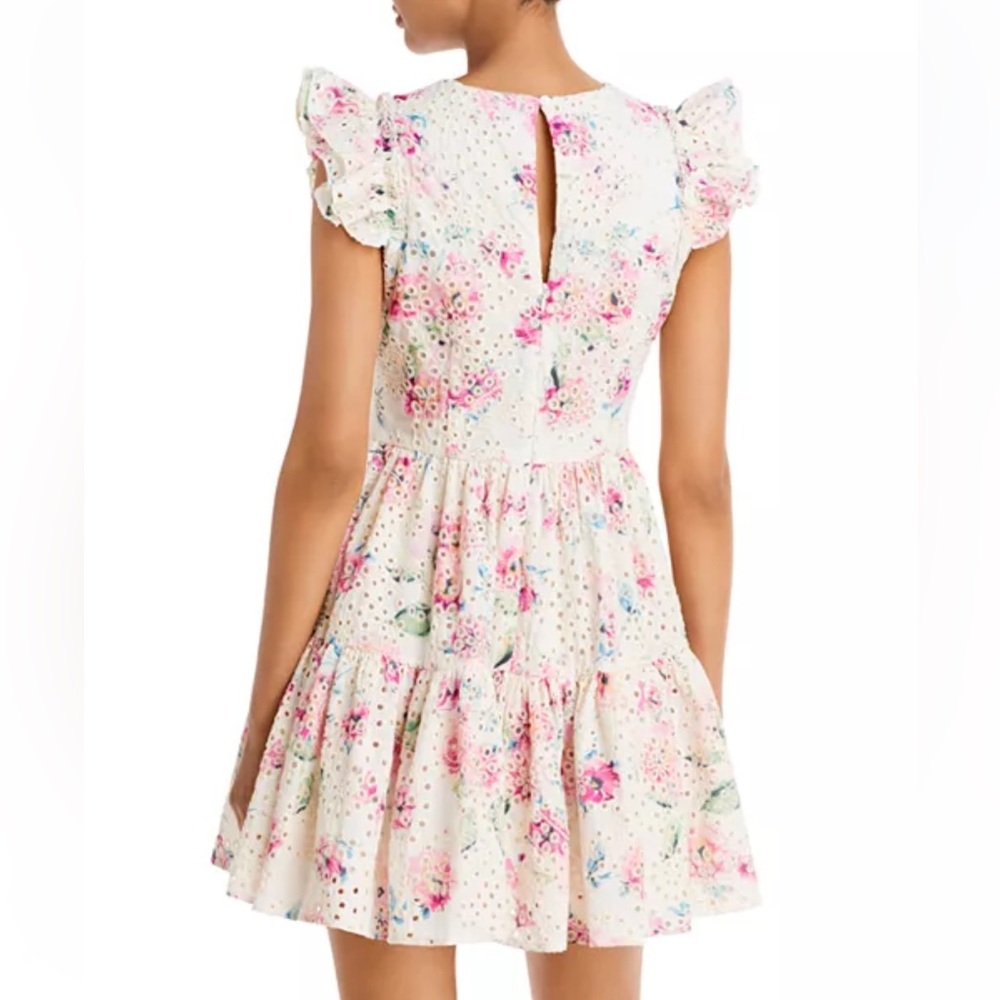 Aqua Eyelet Floral Tiered Mini Dress Ruffle Sleeves Demure Romantic SZ L EUC - Picture 2 of 10